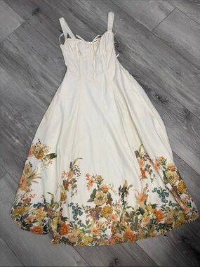 Vintage Cream Maxi Dress with Orange & Yellow Floral Border side pockets
